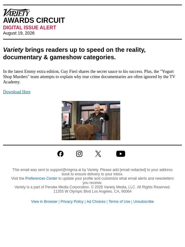Emmy Extra Edition: Reality, Doc & Gameshow email from Variety screenshot