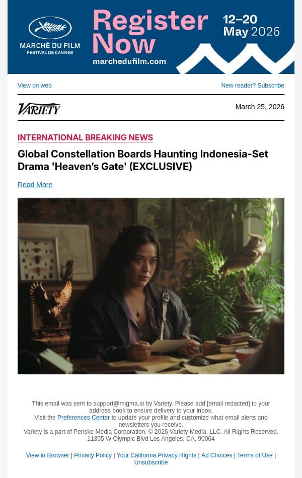 Global Constellation Boards Haunting Indonesia-Set Drama 'Heaven’s Gate' (EXCLUSIVE) email from Variety screenshot