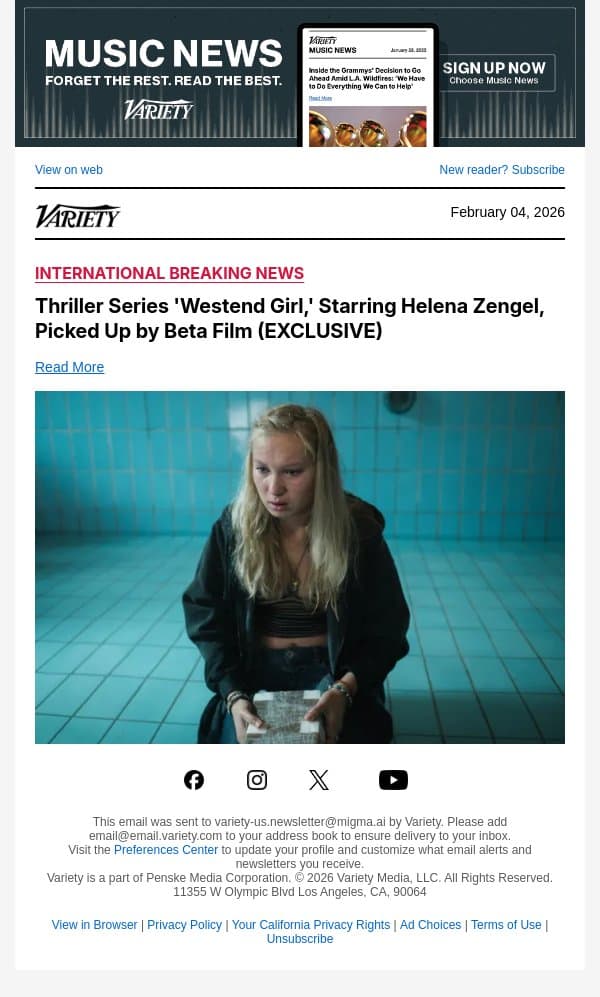 Thriller Series 'Westend Girl,' Starring Helena Zengel, Picked Up by Beta Film (EXCLUSIVE) email from Variety screenshot
