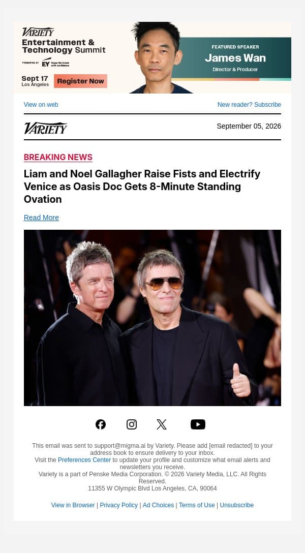 Liam and Noel Gallagher Raise Fists and Electrify Venice as Oasis Doc Gets 8-Minute Standing Ovation email from Variety screenshot