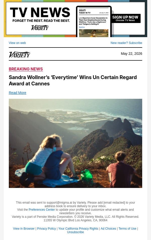Sandra Wollner’s ‘Everytime’ Wins Un Certain Regard Award at Cannes email from Variety screenshot