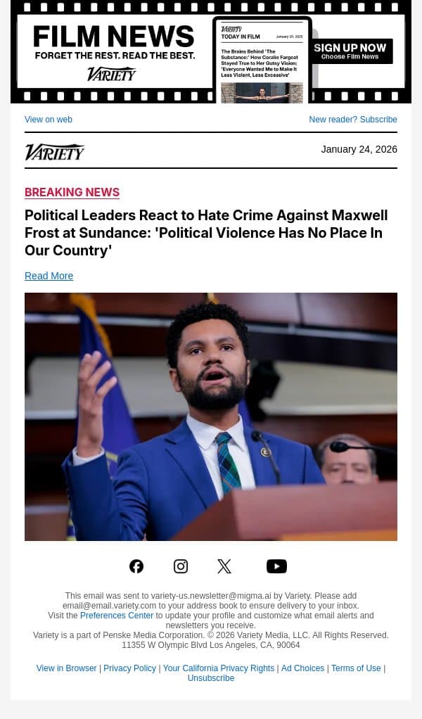 Political Leaders React to Hate Crime Against Maxwell Frost at Sundance: 'Political Violence Has No Place In Our Country' email from Variety screenshot