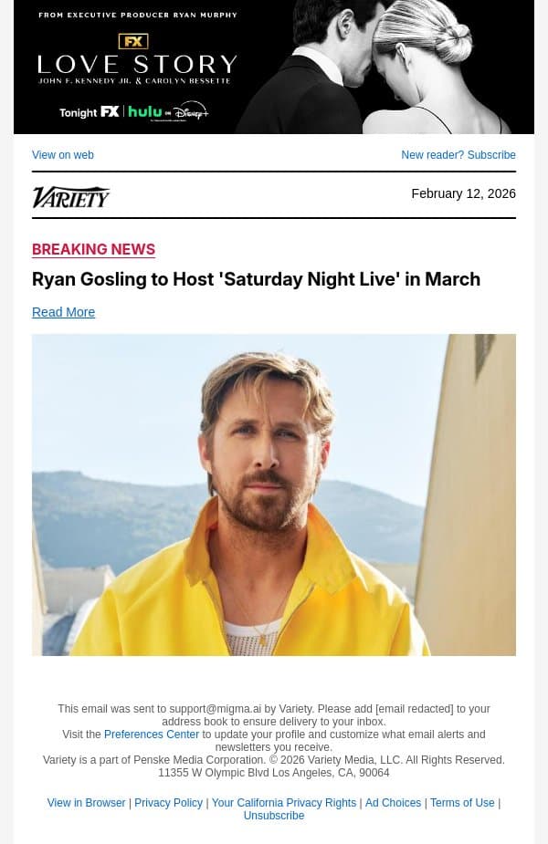 Ryan Gosling to Host 'Saturday Night Live' in March email from Variety screenshot