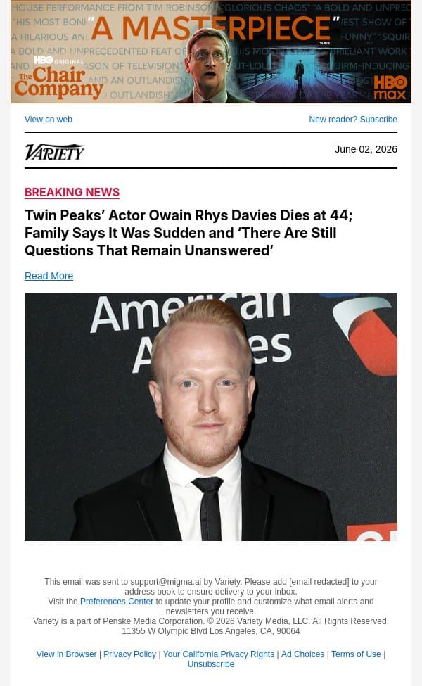 Twin Peaks’ Actor Owain Rhys Davies Dies at 44; Family Says It Was Sudden and ‘There Are Still Questions That Remain Unanswered’ email from Variety screenshot