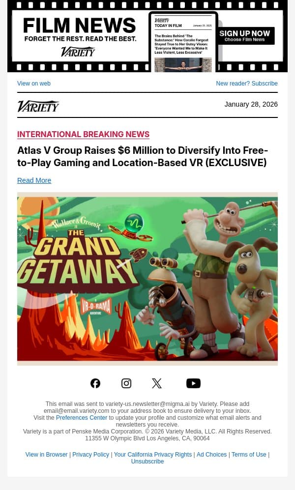 Atlas V Group Raises $6 Million to Diversify Into Free-to-Play Gaming and Location-Based VR (EXCLUSIVE) email from Variety screenshot