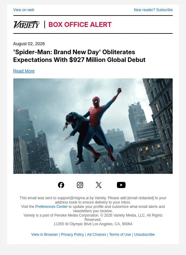 'Spider-Man: Brand New Day' Obliterates Expectations With $927 Million Global Debut email from Variety screenshot