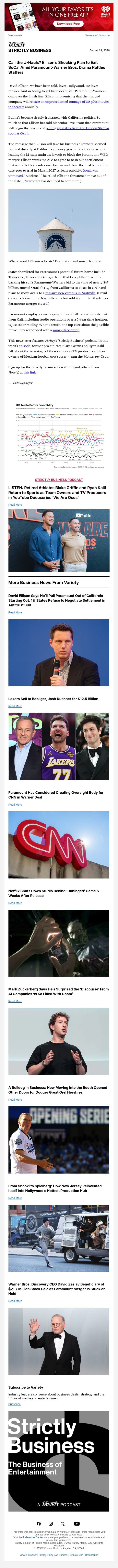 Strictly Business Newsletter & Podcast: David Ellison's Goodbye to Hollywood?; Iger's Monster Lakers Deal; Sports Stars Blake Griffin and Ryan Kalil on Their Second Act as TV Producers; Netflix's Games Retreat; More email from Variety screenshot