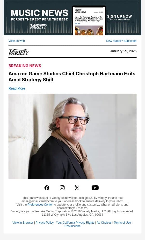 Amazon Game Studios Chief Christoph Hartmann Exits Amid Strategy Shift email from Variety screenshot