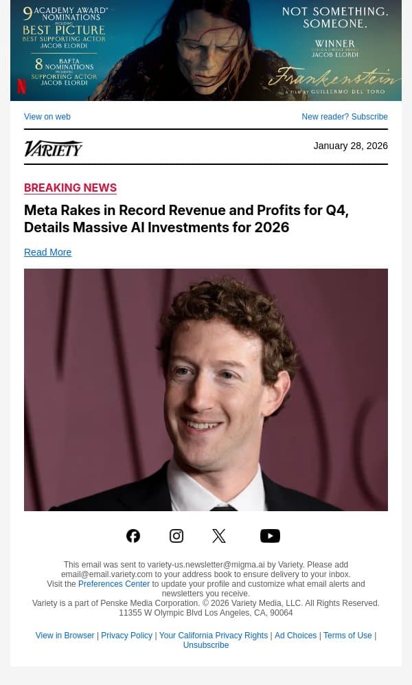 Meta Rakes in Record Revenue and Profits for Q4, Details Massive AI Investments for 2026 email from Variety screenshot
