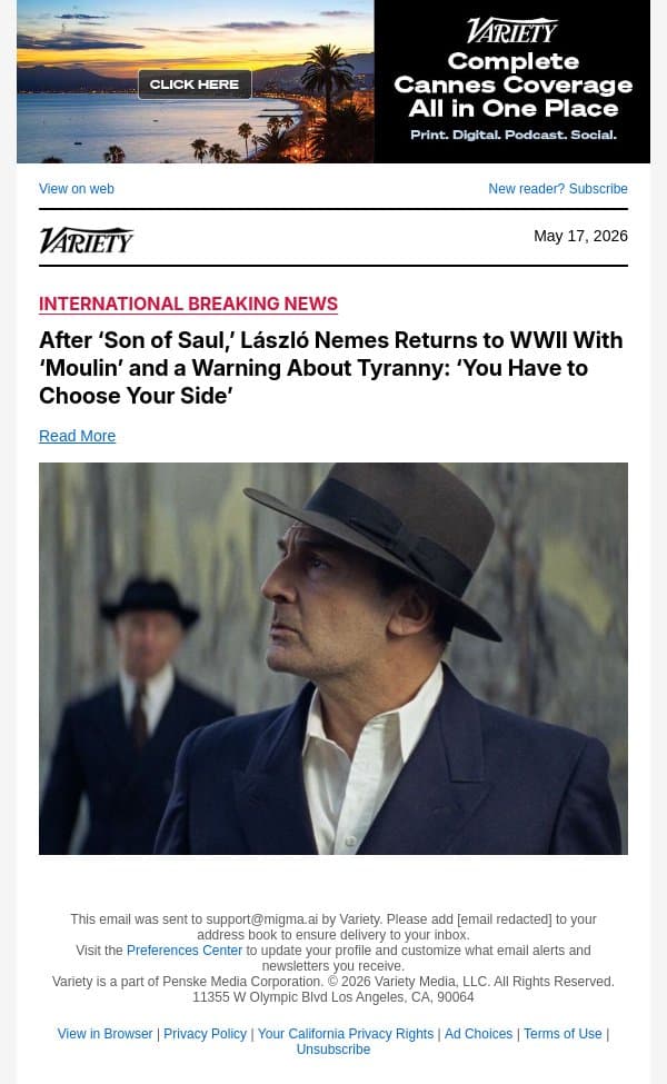 After ‘Son of Saul,’ László Nemes Returns to WWII With ‘Moulin’ and a Warning About Tyranny: ‘You Have to Choose Your Side’ email from Variety screenshot