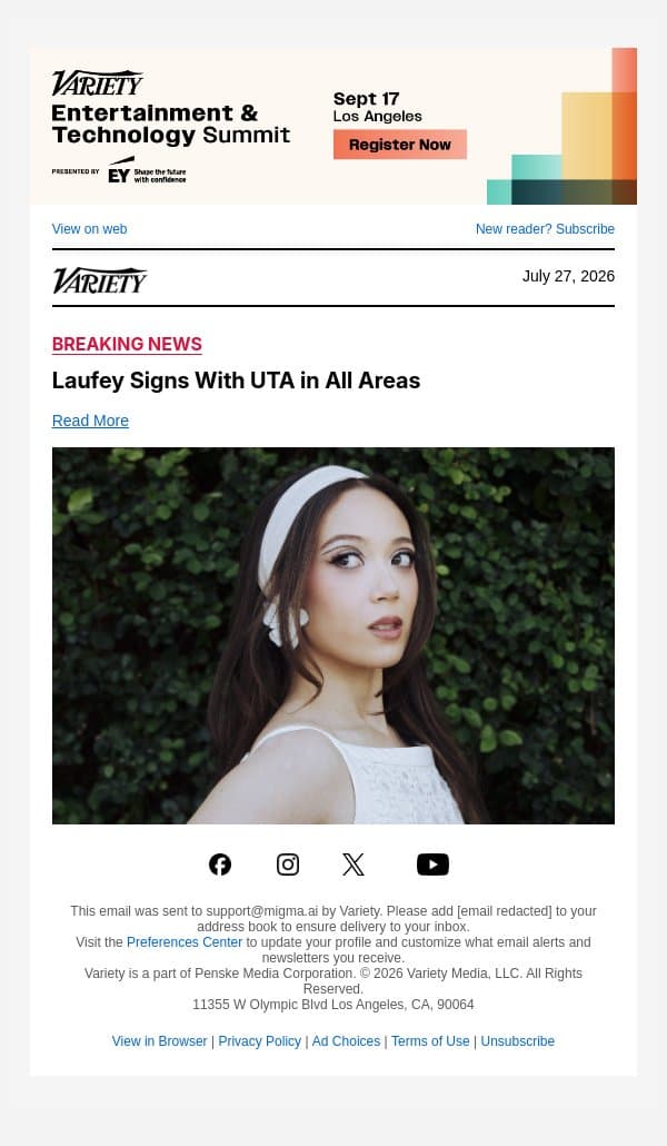 Laufey Signs With UTA in All Areas email from Variety screenshot