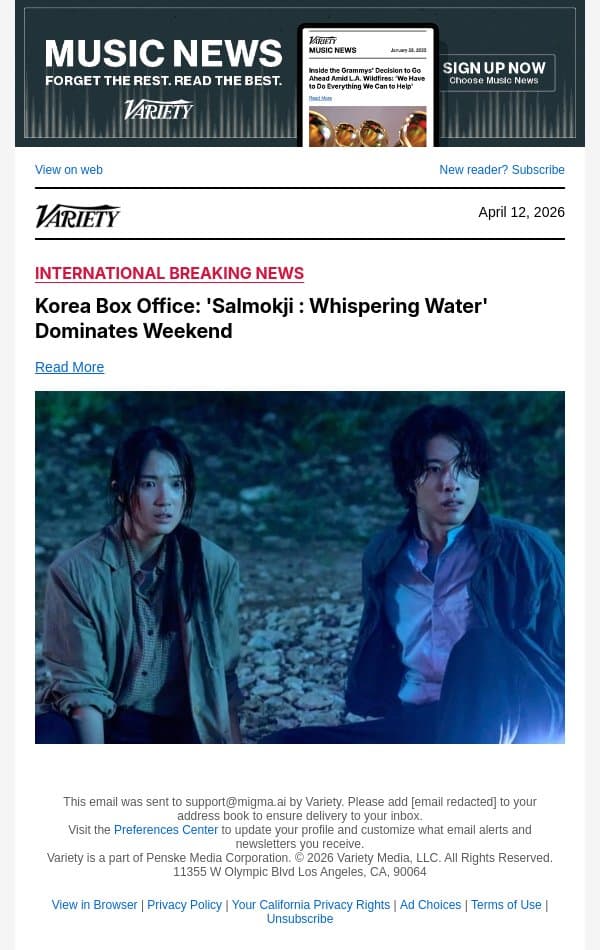 Korea Box Office: 'Salmokji : Whispering Water' Dominates Weekend email from Variety screenshot