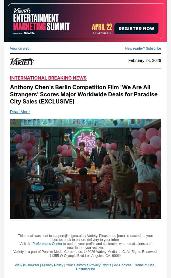 Anthony Chen's Berlin Competition Film 'We Are All Strangers' Scores Major Worldwide Deals for Paradise City Sales (EXCLUSIVE) email from Variety screenshot