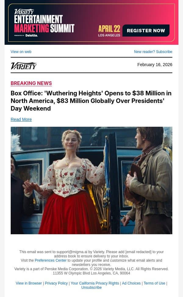 Box Office: 'Wuthering Heights' Opens to $38 Million in North America, $83 Million Globally Over Presidents' Day Weekend email from Variety screenshot