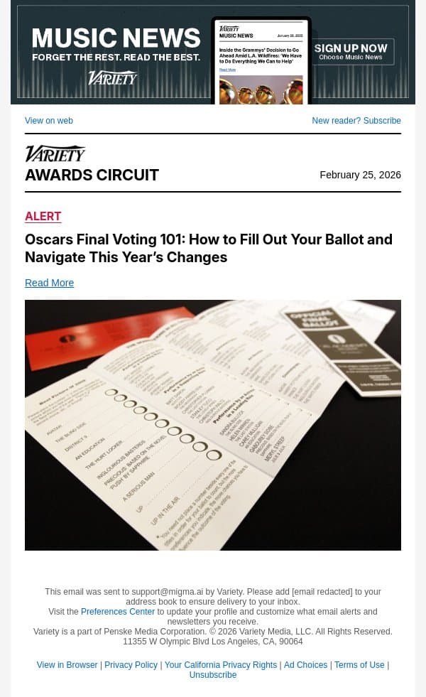 Oscars Final Voting 101: How to Fill Out Your Ballot and Navigate This Year’s Changes email from Variety screenshot