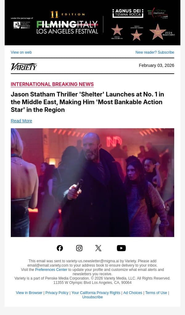 Jason Statham Thriller 'Shelter' Launches at No. 1 in the Middle East, Making Him 'Most Bankable Action Star' in the Region email from Variety screenshot