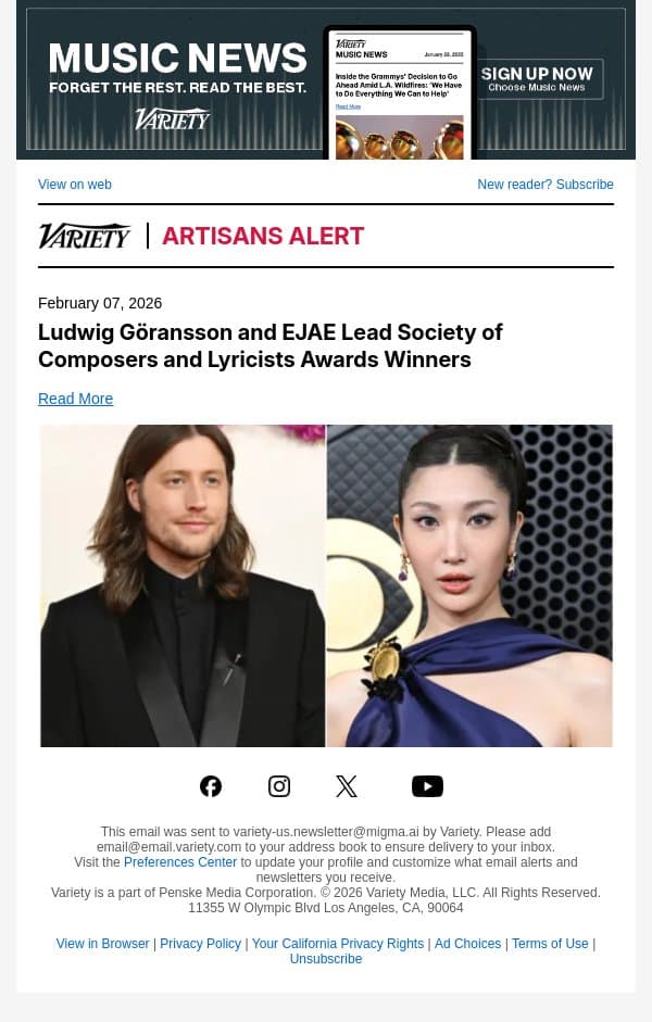Ludwig Göransson and EJAE Lead Society of Composers and Lyricists Awards Winners email from Variety screenshot