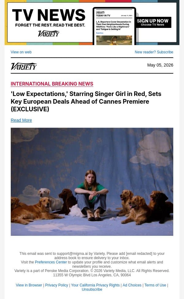 'Low Expectations,' Starring Singer Girl in Red, Sets Key European Deals Ahead of Cannes Premiere (EXCLUSIVE) email from Variety screenshot