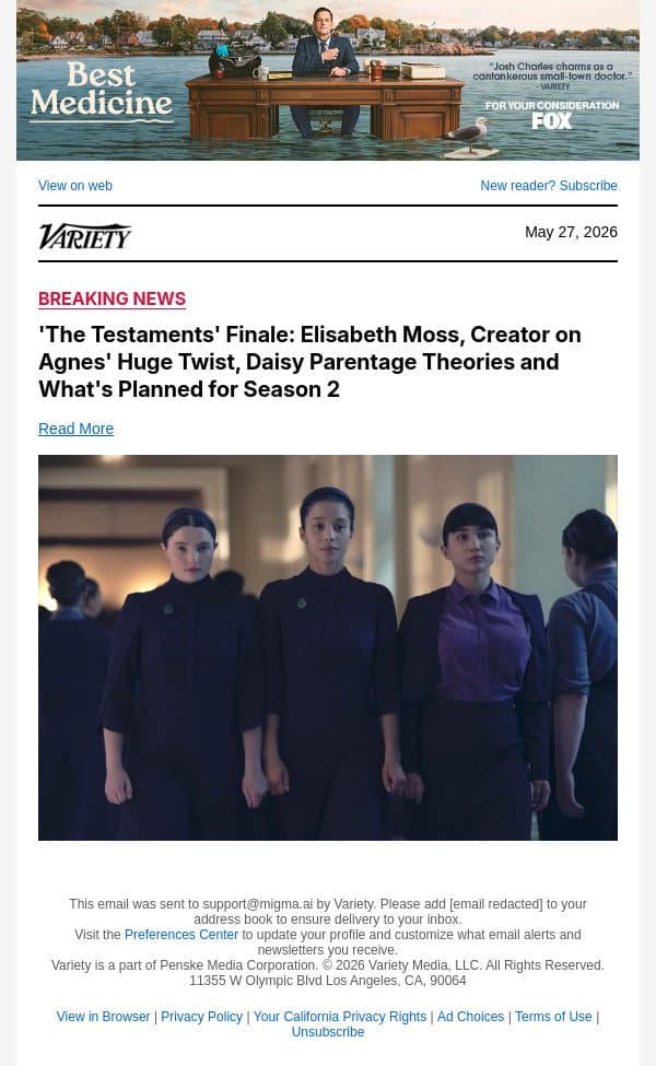 'The Testaments' Finale: Elisabeth Moss, Creator on Agnes' Huge Twist, Daisy Parentage Theories and What's Planned for Season 2 email from Variety screenshot