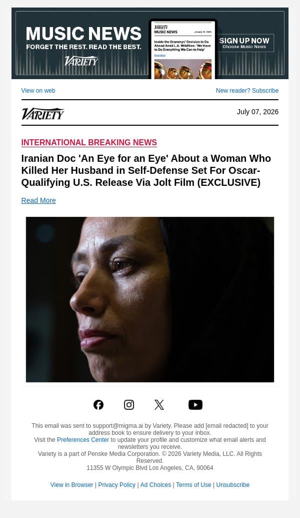 Iranian Doc 'An Eye for an Eye' About a Woman Who Killed Her Husband in Self-Defense Set For Oscar-Qualifying U.S. Release Via Jolt Film (EXCLUSIVE) email from Variety screenshot