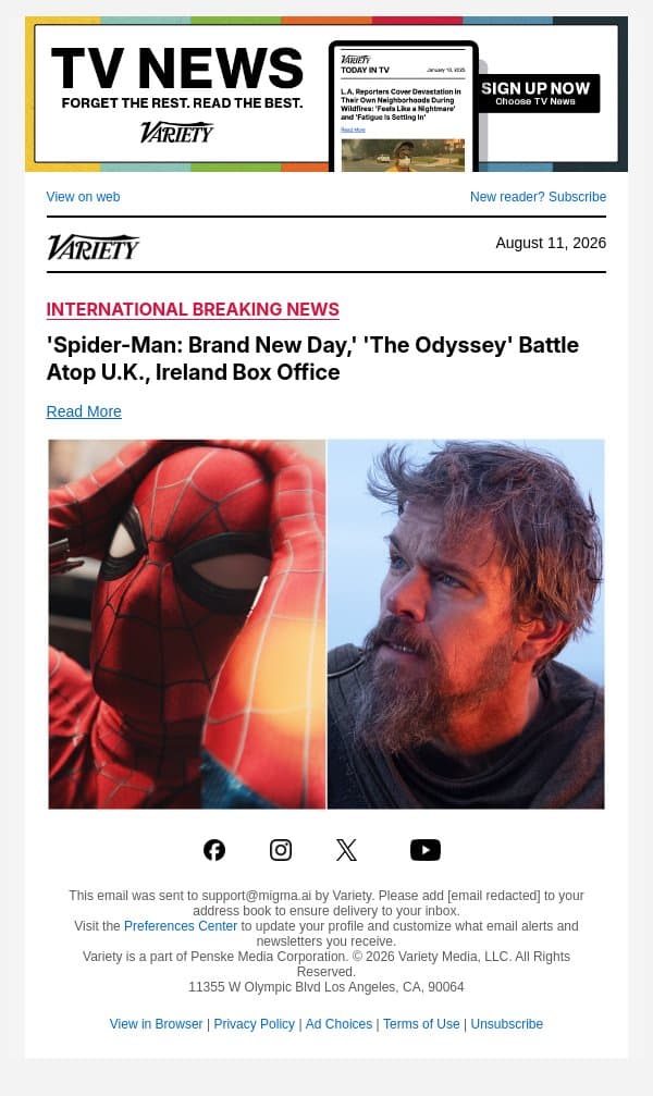 'Spider-Man: Brand New Day,' 'The Odyssey' Battle Atop U.K., Ireland Box Office email from Variety screenshot