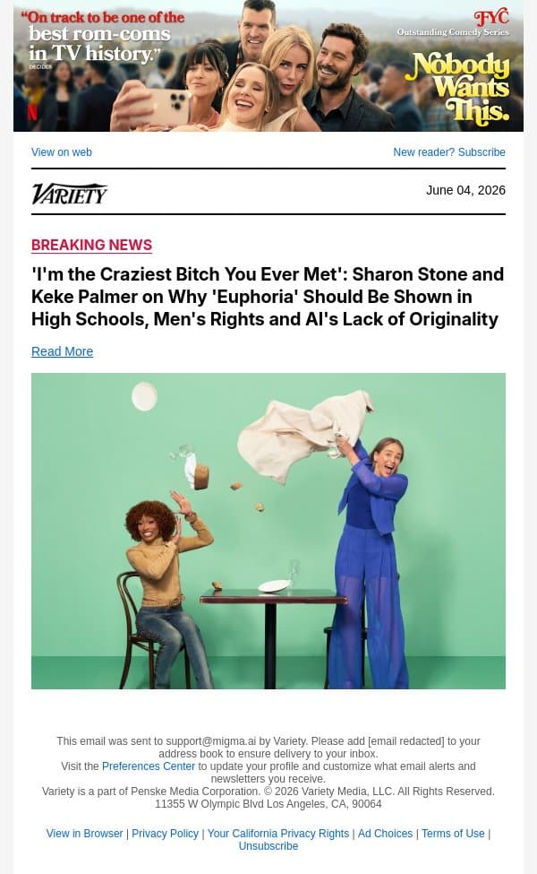 'I'm the Craziest Bitch You Ever Met': Sharon Stone and Keke Palmer on Why 'Euphoria' Should Be Shown in High Schools, Men's Rights and AI's Lack of Originality email from Variety screenshot