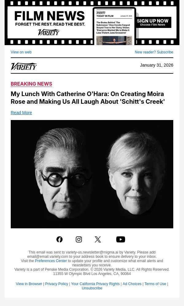 My Lunch With Catherine O'Hara: On Creating Moira Rose and Making Us All Laugh About 'Schitt's Creek' email from Variety screenshot