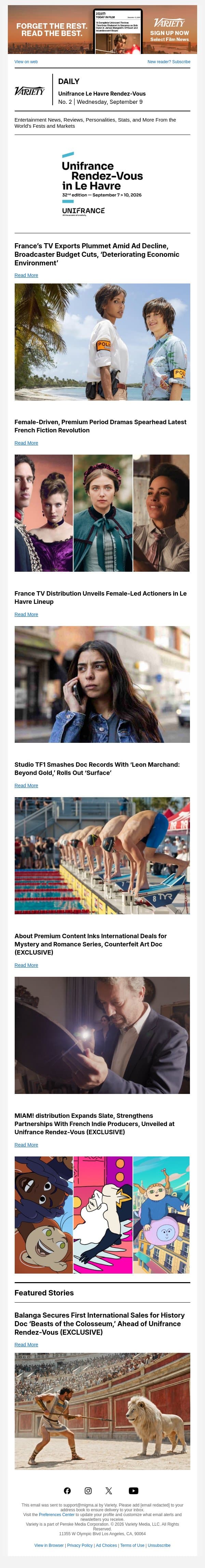 French TV Exports Down; France’s Premium Period Build; FTD Unleashes Female-Led Actioners email from Variety screenshot