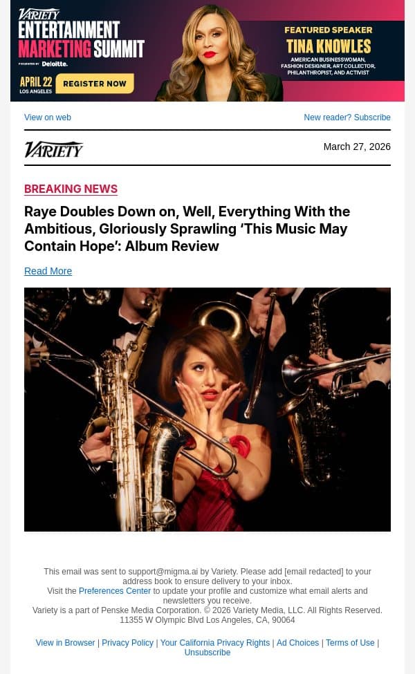 Raye Doubles Down on, Well, Everything With the Ambitious, Gloriously Sprawling ‘This Music May Contain Hope’: Album Review email from Variety screenshot