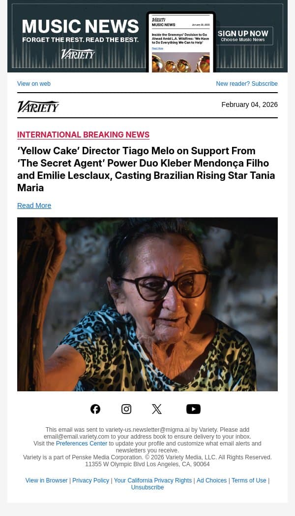 ‘Yellow Cake’ Director Tiago Melo on Support From ‘The Secret Agent’ Power Duo Kleber Mendonça Filho and Emilie Lesclaux, Casting Brazilian Rising Star Tania Maria email from Variety screenshot