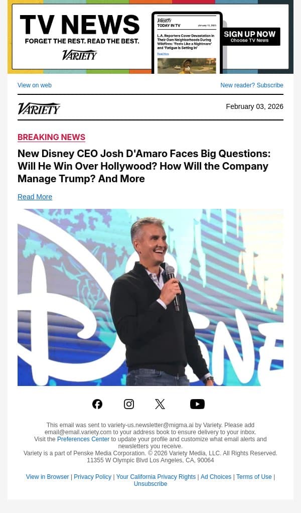 New Disney CEO Josh D'Amaro Faces Big Questions: Will He Win Over Hollywood? How Will the Company Manage Trump? And More email from Variety screenshot