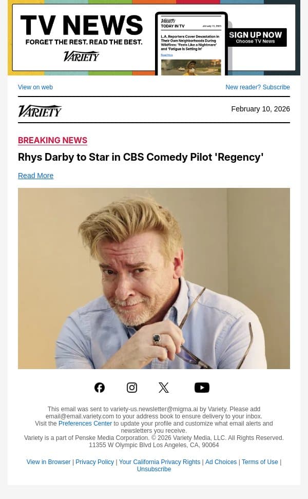 Rhys Darby to Star in CBS Comedy Pilot 'Regency' email from Variety screenshot