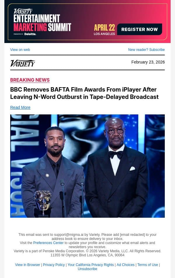 BBC Removes BAFTA Film Awards From iPlayer After Leaving N-Word Outburst in Tape-Delayed Broadcast email from Variety screenshot