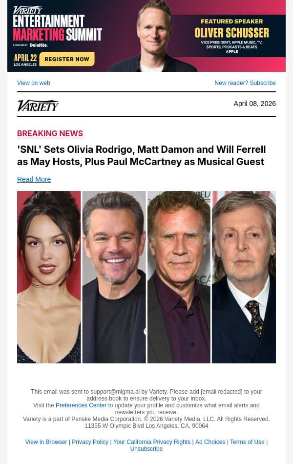 'SNL' Sets Olivia Rodrigo, Matt Damon and Will Ferrell as May Hosts, Plus Paul McCartney as Musical Guest email from Variety screenshot