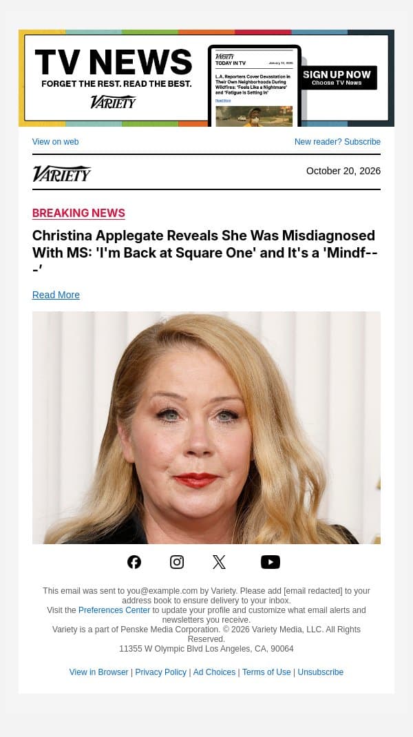 Christina Applegate Reveals She Was Misdiagnosed With MS: 'I'm Back at Square One' and It's a 'Mindf---’ email from Variety screenshot