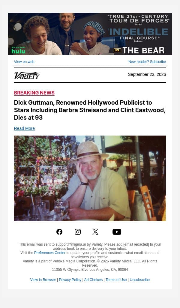 Dick Guttman, Renowned Hollywood Publicist to Stars Including Barbra Streisand and Clint Eastwood, Dies at 93 email from Variety screenshot