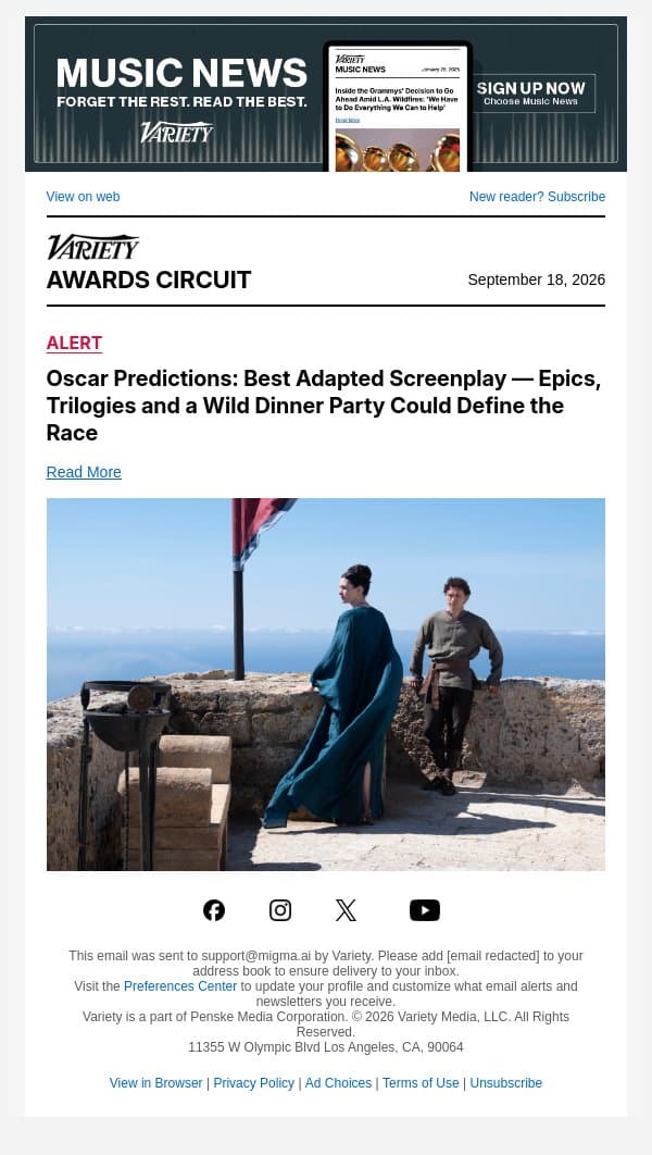 Oscar Predictions: Best Adapted Screenplay — Epics, Trilogies and a Wild Dinner Party Could Define the Race email from Variety screenshot