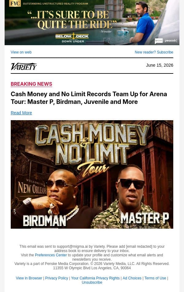 Cash Money and No Limit Records Team Up for Arena Tour: Master P, Birdman, Juvenile and More email from Variety screenshot