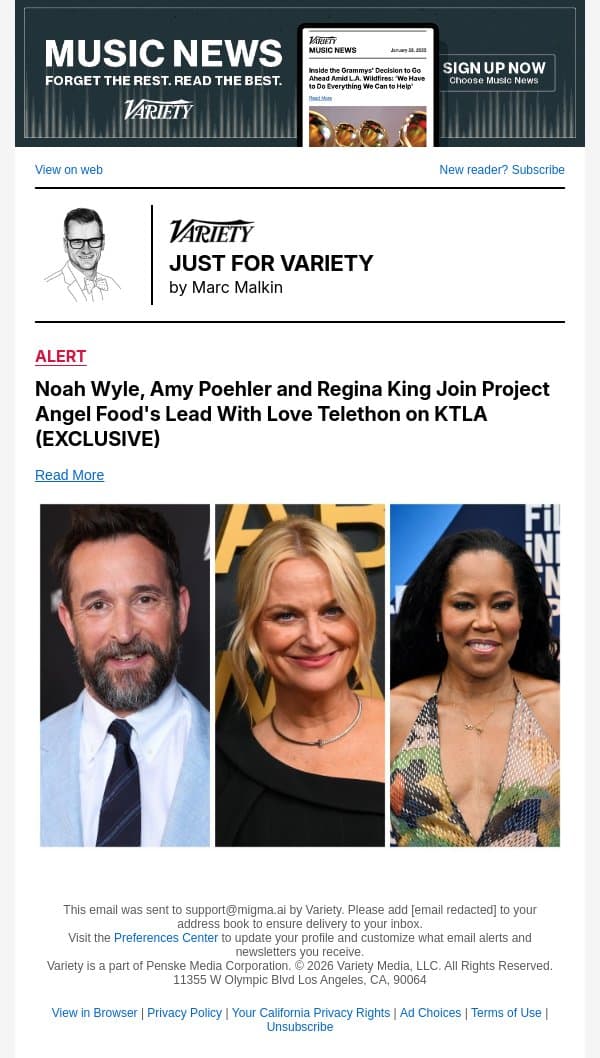Noah Wyle, Amy Poehler and Regina King Join Project Angel Food's Lead With Love Telethon on KTLA (EXCLUSIVE) email from Variety screenshot