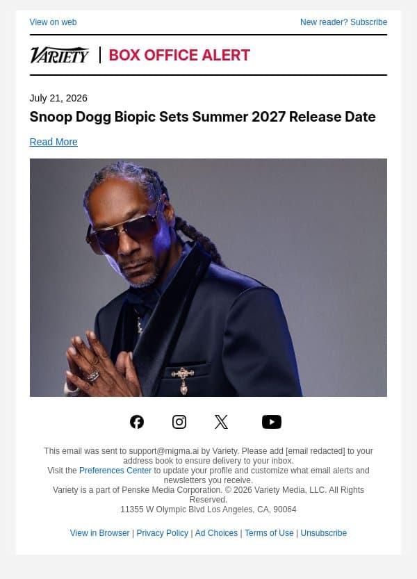 Snoop Dogg Biopic Sets Summer 2027 Release Date email from Variety screenshot