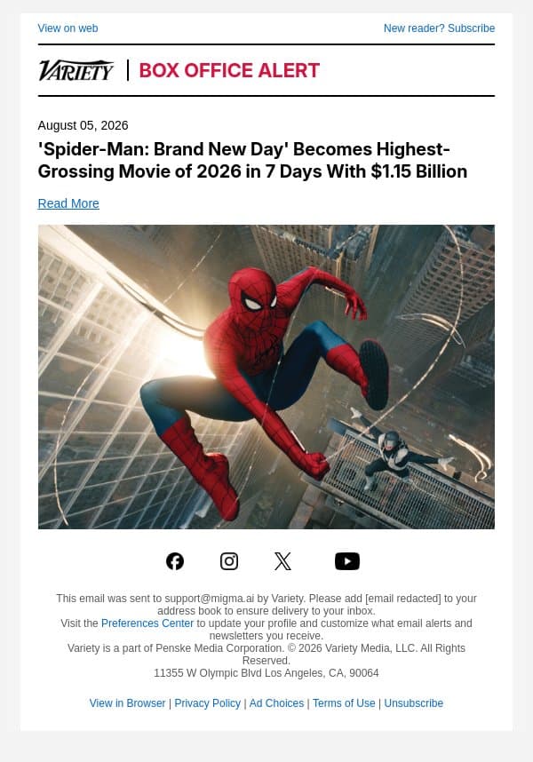 'Spider-Man: Brand New Day' Becomes Highest-Grossing Movie of 2026 in 7 Days With $1.15 Billion email from Variety screenshot