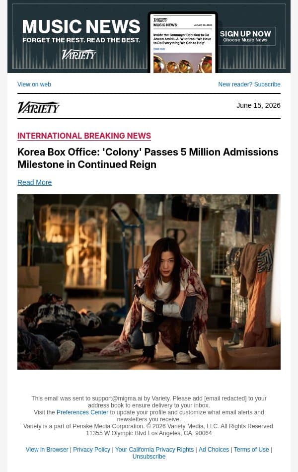 Korea Box Office: 'Colony' Passes 5 Million Admissions Milestone in Continued Reign email from Variety screenshot