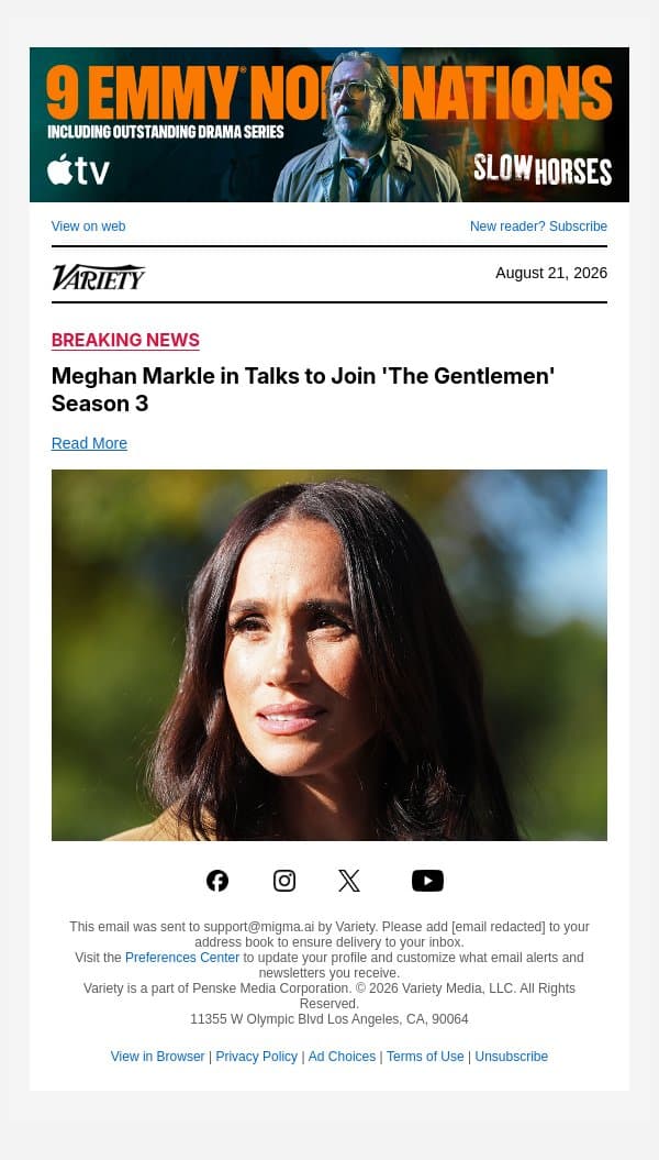 Meghan Markle in Talks to Join 'The Gentlemen' Season 3 email from Variety screenshot