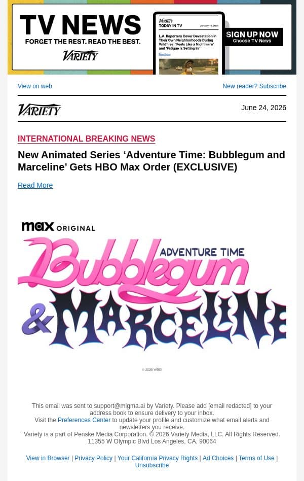 New Animated Series ‘Adventure Time: Bubblegum and Marceline’ Gets HBO Max Order (EXCLUSIVE) email from Variety screenshot