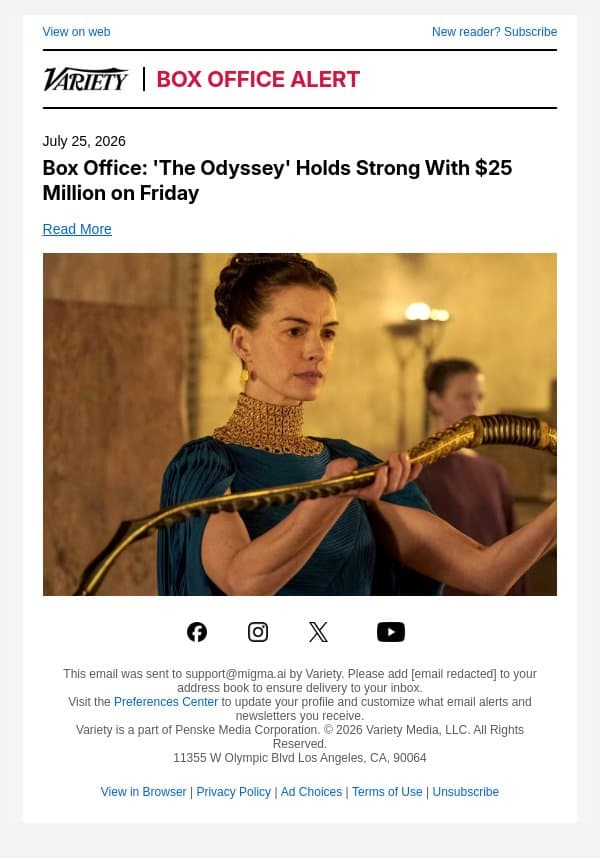 Box Office: 'The Odyssey' Holds Strong With $25 Million on Friday email from Variety screenshot