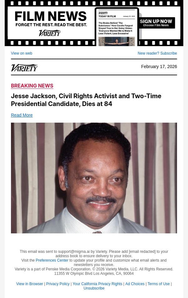 Jesse Jackson, Civil Rights Activist and Two-Time Presidential Candidate, Dies at 84 email from Variety screenshot