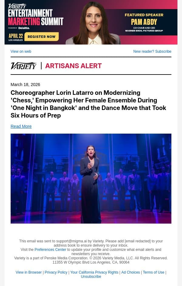 Choreographer Lorin Latarro on Modernizing 'Chess,' Empowering Her Female Ensemble During 'One Night in Bangkok' and the Dance Move that Took Six Hours of Prep email from Variety screenshot