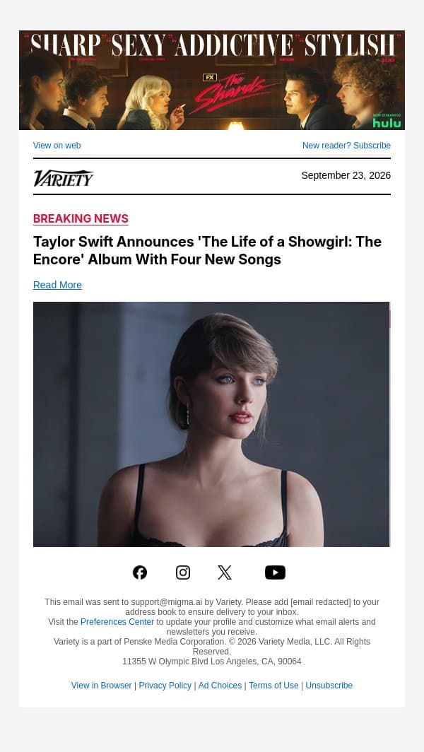 Taylor Swift Announces 'The Life of a Showgirl: The Encore' Album With Four New Songs email from Variety screenshot