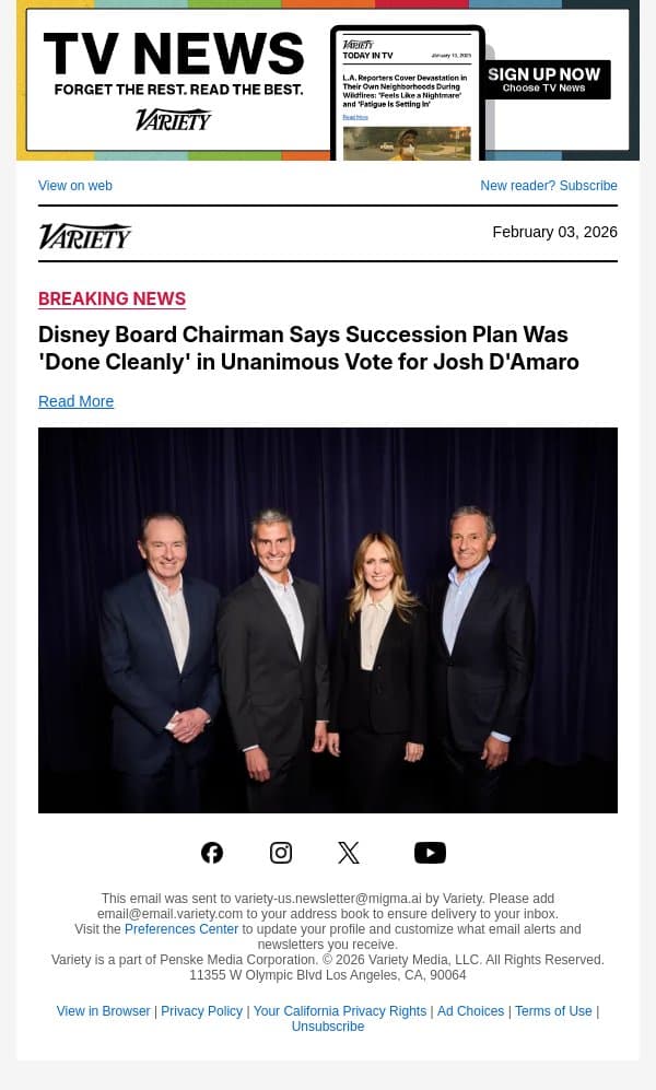 Disney Board Chairman Says Succession Plan Was 'Done Cleanly' in Unanimous Vote for Josh D'Amaro email from Variety screenshot