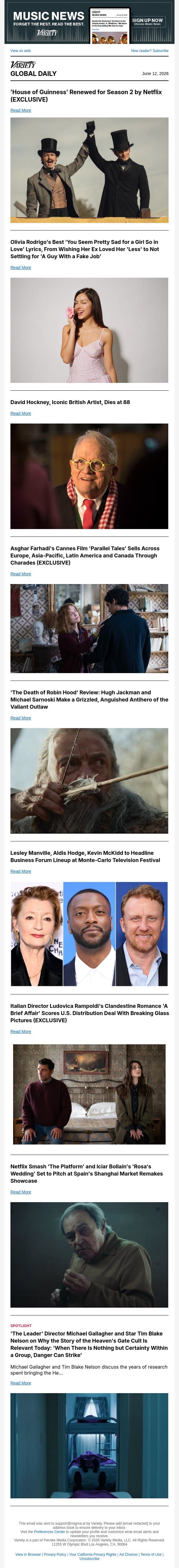 'House of Guinness' Renewed; Olivia Rodrigo's New Album; David Hockney Dies email from Variety screenshot